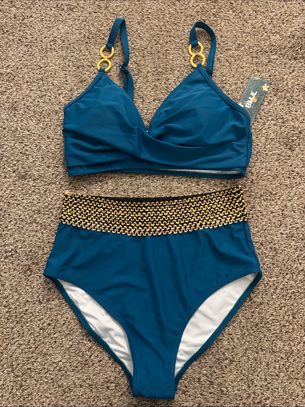 High-Waist Teal Bikini Set with Gold Chain Accents - Women's Swim